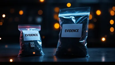Two evidence bags, one holding a USB drive, on a dark table